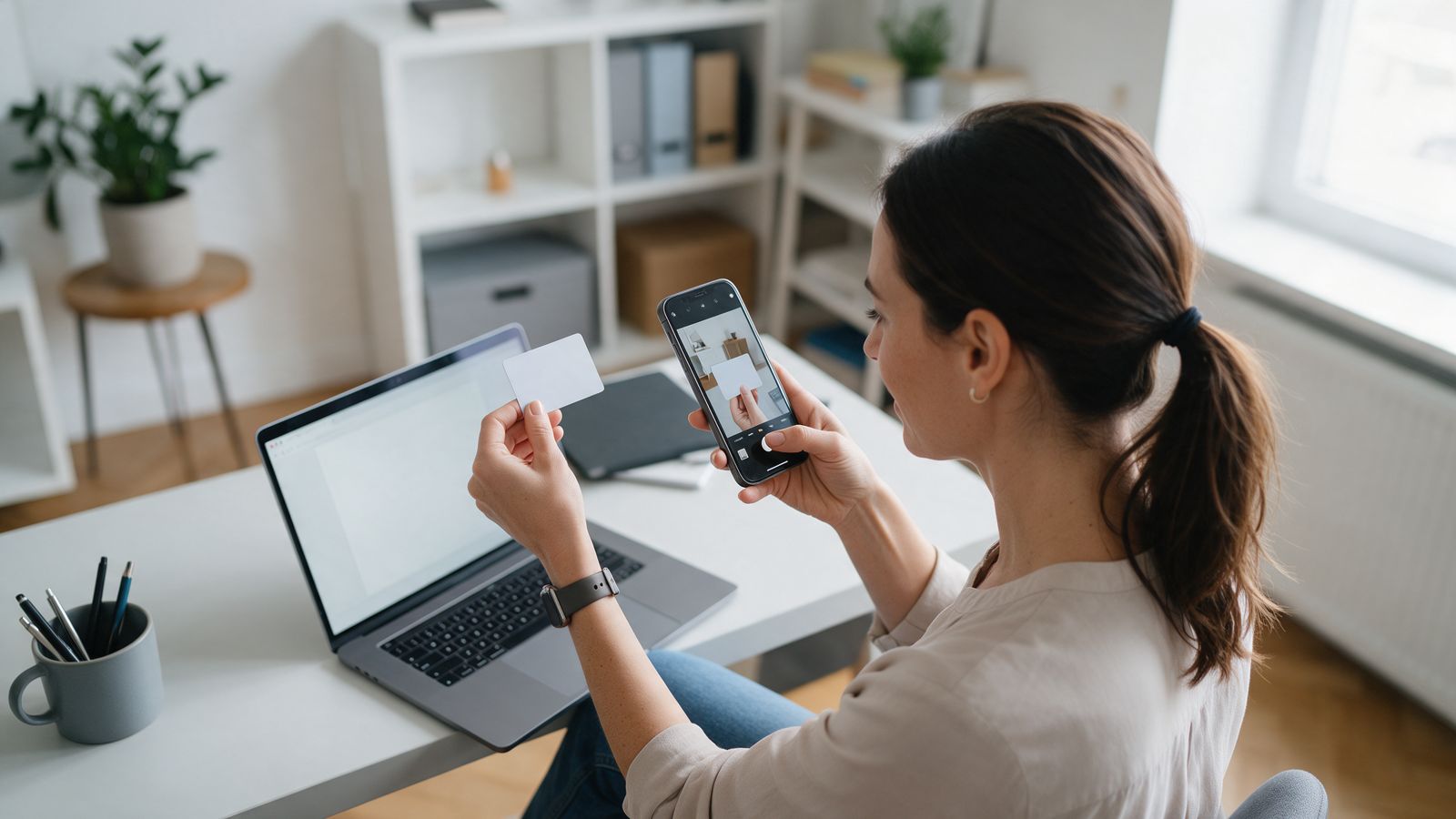 Persona fotografiando su identificación con el celular para verificarse en línea